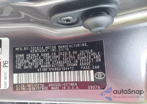 2016 Toyota Camry Le from USA, damaged, VIN 4T1BF1FK8GU194412